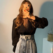 韩国chic复古法式圆领拼接蕾丝钩花镂空透视感宽松泡泡袖衬衫上衣