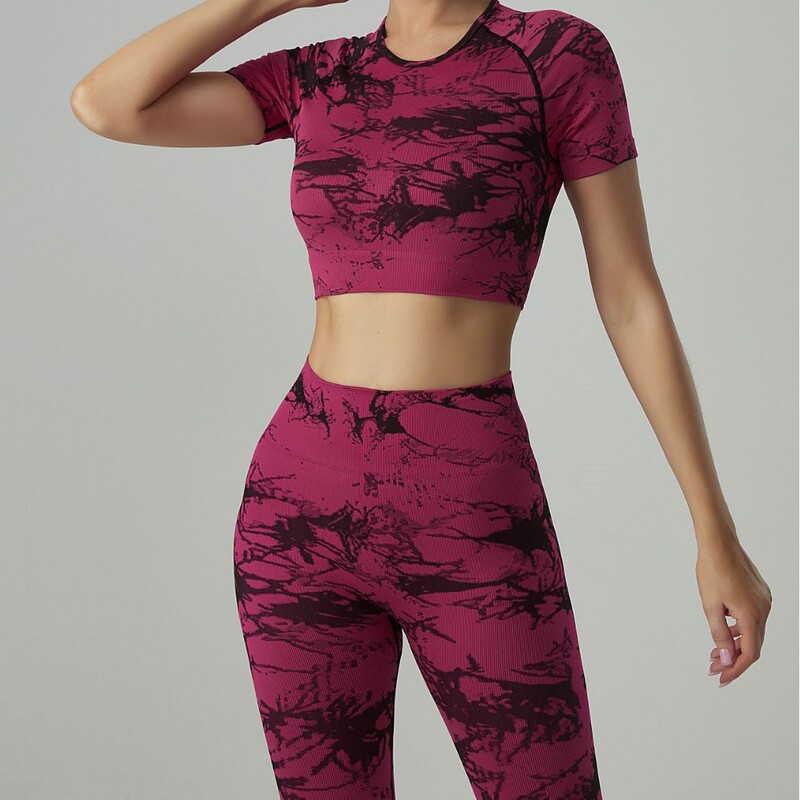 Cross-Border High-Waisted Tummy Control Fitness Short-Sleeved Quick-Drying Outer Wear Tight Running Sports Pants Tie-Dyed Jacquard Yoga Suit Cross-Border High-Waisted Tummy Control Fitness Short-Sleeved Quick-Drying Outer Wear Tight Running Sports Pants Tie-Dyed Jacquard Yoga Suit