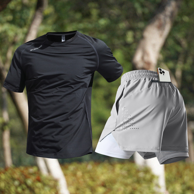 スポーツスーツメンズアイスシルクTシャツ夏薄手速乾半袖トレーニングランニング用品フィットネス服新しいスタイル|undefined