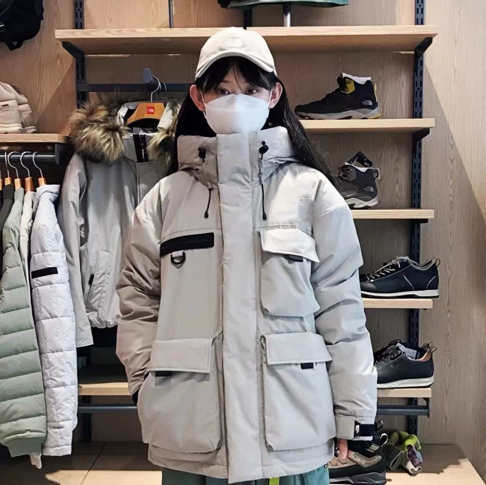 Рабочая одежда North Face, пуховик FW22, зимний однотонный пуховик с капюшоном и несколькими карманами и шнурком с логотипом для пар
