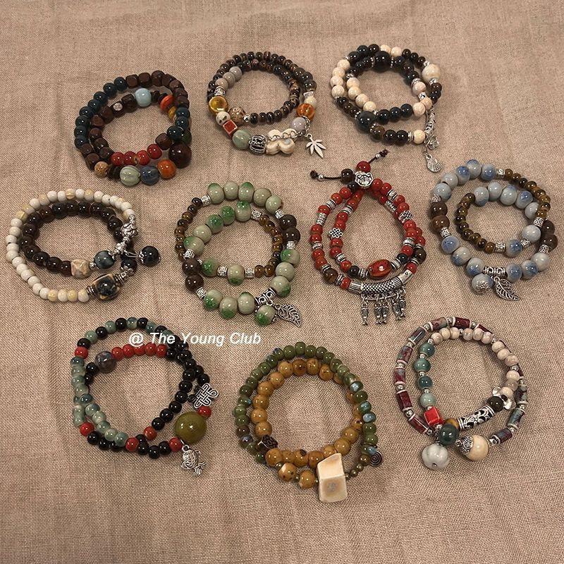 Jingdezhen Ceramic Bracelets Wholesale Night Market Stall Entrepreneurial Hot Collection Flower Glaze Beads Hand Beads Ethnic Style Jewelry