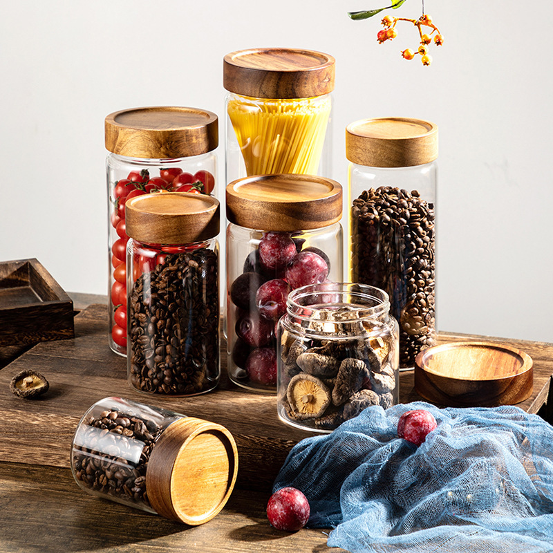 Acacia Wood Sealed Storage Jar Kitchen Storage Jar Moisture-Proof Glass Jar Food-Grade Coffee Jar Glass Sealed Jar Acacia Wood Sealed Storage Jar Kitchen Storage Jar Moisture-Proof Glass Jar Food-Grade Coffee Jar Glass Sealed Jar