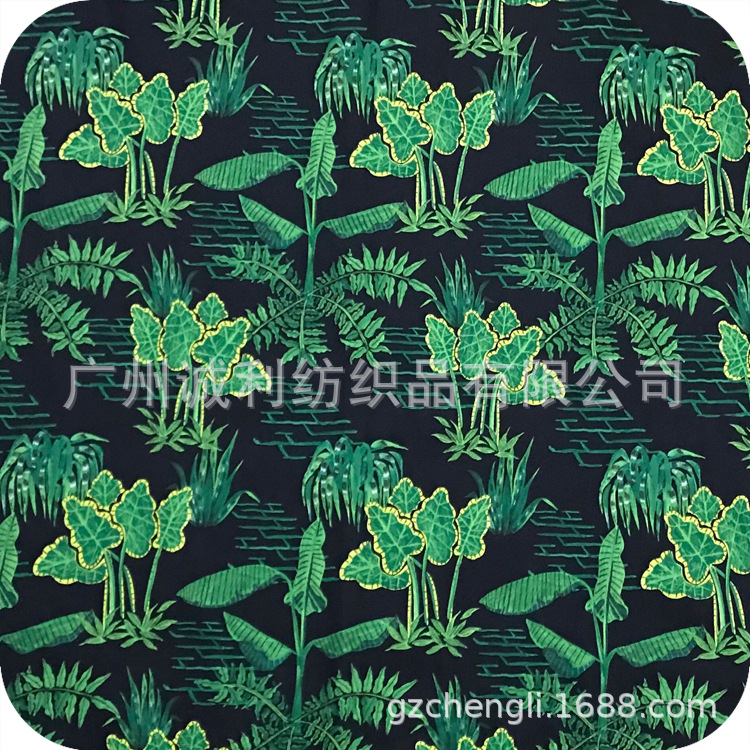 棉布缎纹弹力印花 欧美连衣裙印花布巴焦叶裤装 旗袍衬衫印花面料