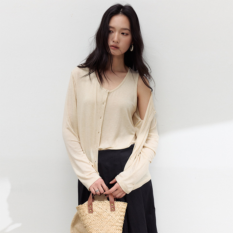 春夏醋酸亚麻开衫女新款天丝莱赛尔薄款百搭外套简约纽扣条纹上衣