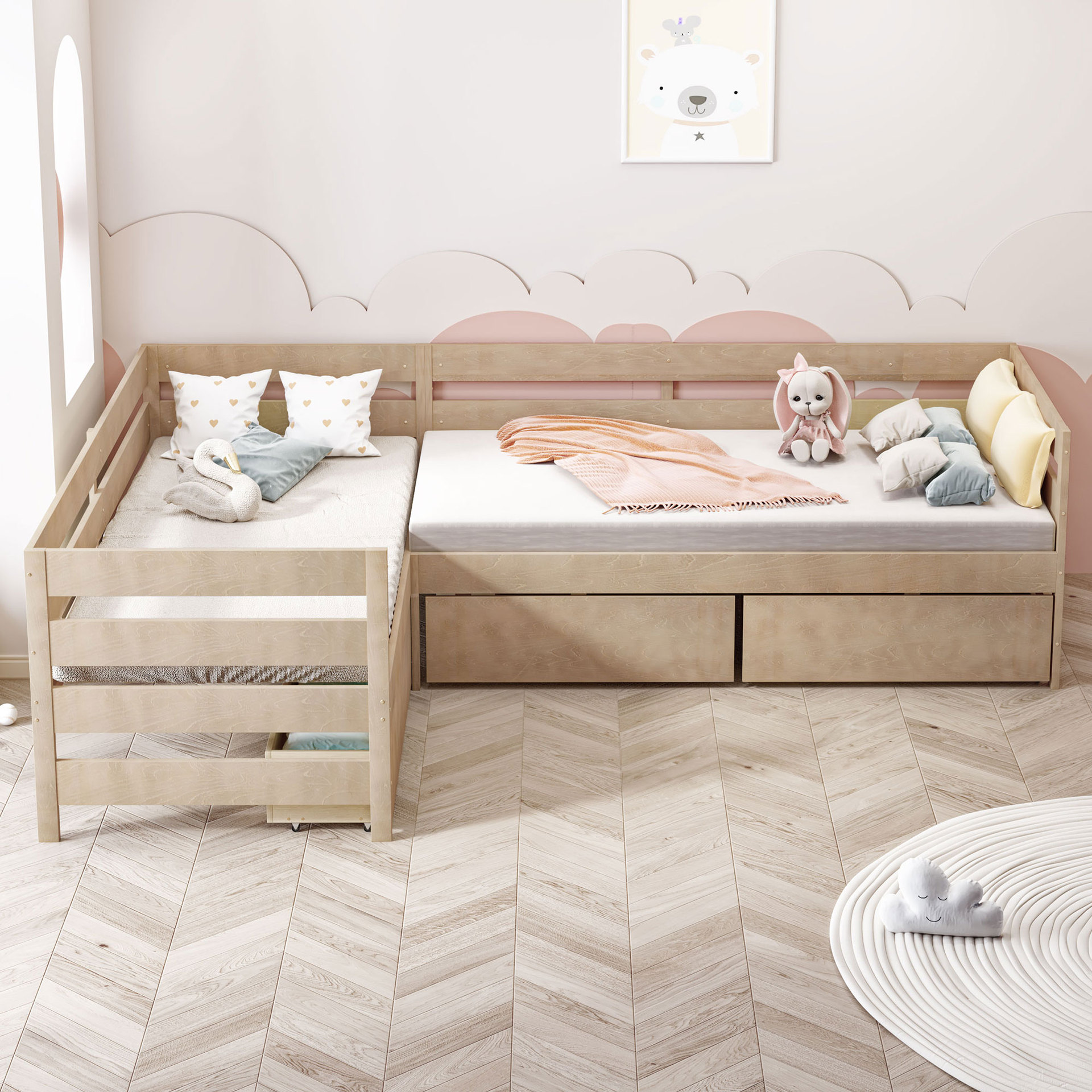 Children's L-Shaped Combination Bed, Detachable Double-Layer, Solid Wood Bed Frame, Storage Drawer, Exclusive for Cross-Border Supply