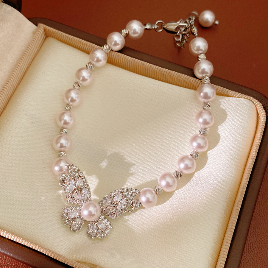 Pulsera de perlas de mariposa de piedra de diamante redonda lujosa pulsera de pulsera de alta calidad temperamento exquisito joyería de moda versátil