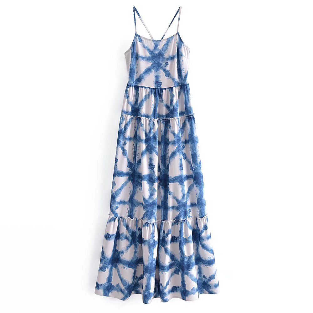 Tie-Dye Ruffled Sling Long Dress NSAM110095