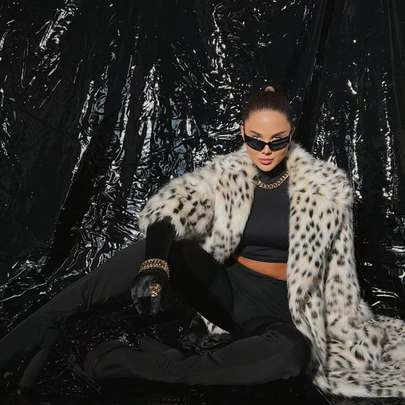 Imitation fur cross-border autumn and winter new leopard print women's coat long faux fox fur coat women's clothing warm