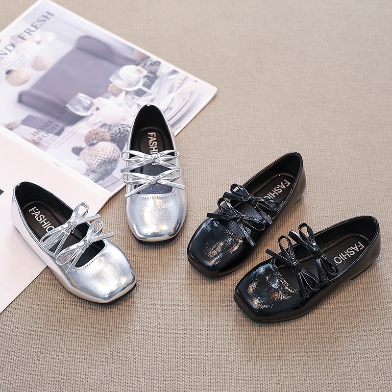 Silver Bow Kidsren's Shoes, Spring & Fall Shallow Mouth Kidsren's Leather Shoes, Girls' Ballet Dance Shoes, Little Girls' Princess Shoes