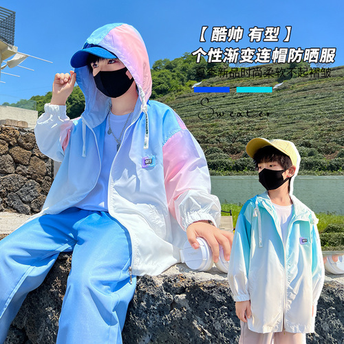 Children's Sun Protection Clothing Summer Children's Clothing Children's Letter Sun Protection Clothing Middle and Large Children's Casual Hooded Skin Clothing Fashion Outwear 