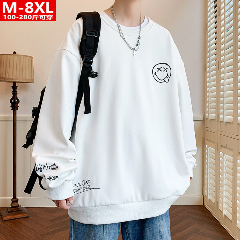 Spring and Autumn trendy Hong Kong style men's printed round neck knitted sweater large size plus size loose sports casual top