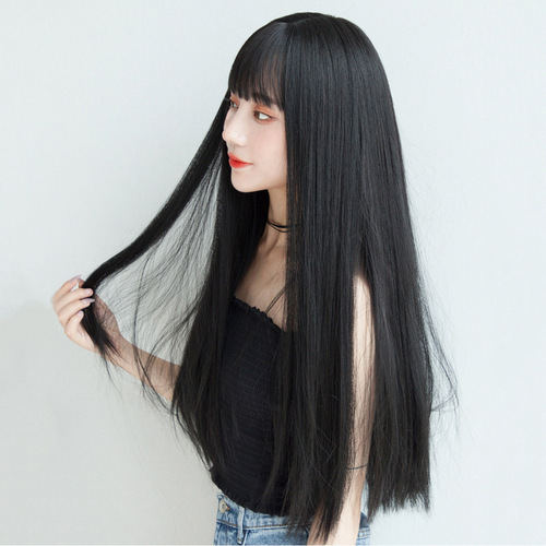 Female Trendy Korean/Japanese Hair Extensions Long Straight Air Bangs Natural Full Head Cover Wig One-Piece Human Hair