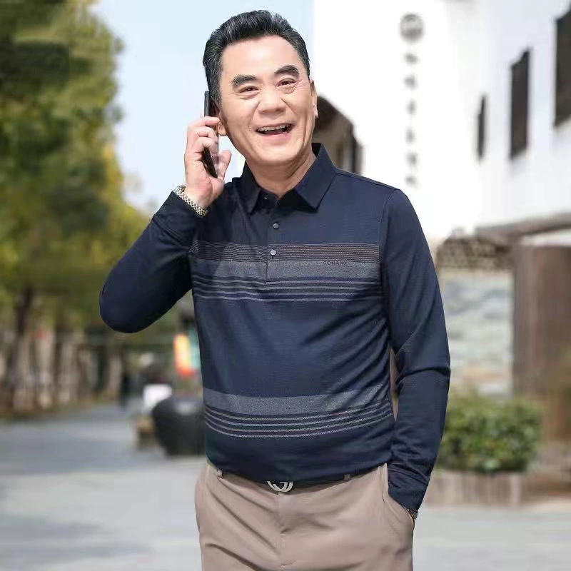 Мужская хлопковая футболка для среднего и пожилого возраста, футболка с длинными рукавами, папская нижняя рубашка, весенне-осенняя деловая футболка с отворотом, топ для мужчин