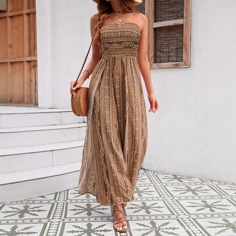 Amazon 2025 Summer Explosions European and American Foreign Trade tiktok Wrap Ethnic Style Strapless Wide Leg Jumpsuit Women