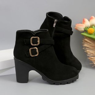 2025 New Cross-Border Foreign Trade New Style Chunky Heel Boots for Women, Suede, Amazon Temu Dropshipping Manufacturer Wholesale