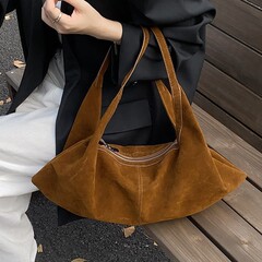 跨境绒面手提托特包女2025秋冬新款高级感气质百搭通勤单肩斜挎包