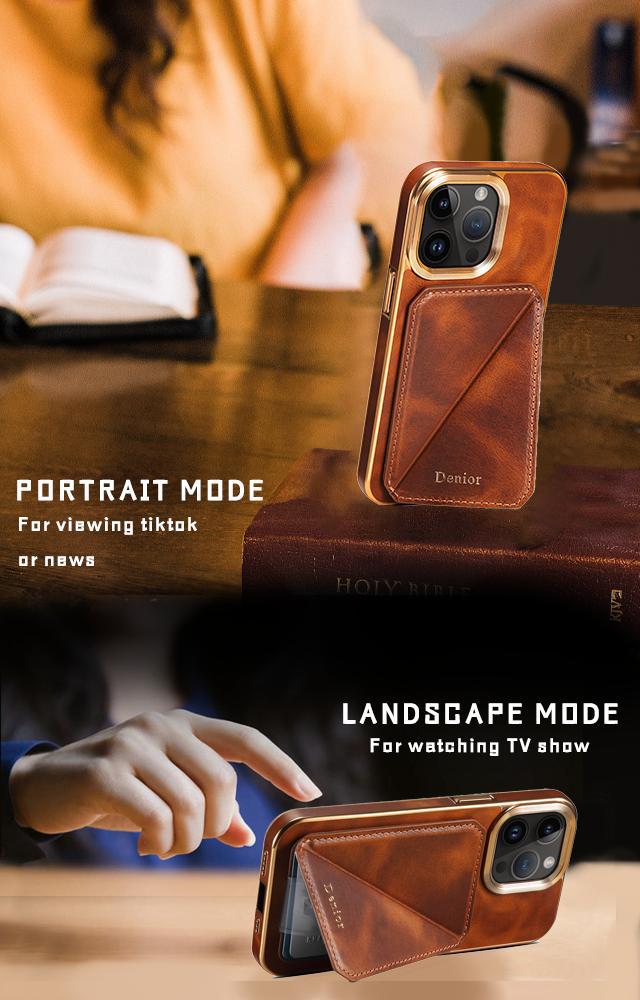 Ốp lưng da dầu iPhone 15 Pro Max kèm giá đỡ và túi đựng thẻ phong cách doanh nhân — [Da bò sáp dầu da đen] ◆ Quy trình mạ điện, [Da bò sáp dầu da xanh] ◆ Quy trình mạ điện, [Da bò sáp dầu da nâu] ◆ Quy trình mạ điện, [Da bò sáp dầu đỏ tía] ◆ Quy trình mạ điện chi tiết 11