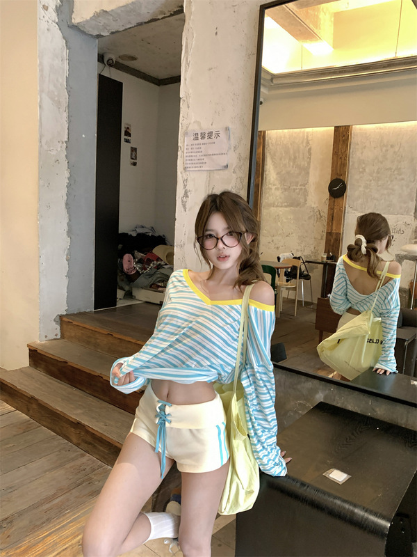 Contrast Color Striped V-Neck Long-Sleeved T-Shirt Women's Summer Design Sense Loose Hot Girl Mid-length Positive and Reverse Backless Top