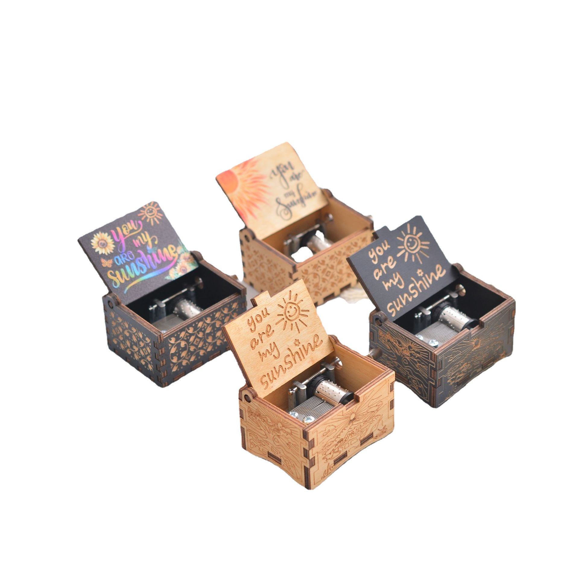 Caja de música de madera Caja de música de manivela tallada vintage Caja de música de madera Impresión en color UV transfronteriza Eres mi sol