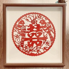 Chinese-style paper-cutting framed picture, hanging wall-mounted square picture frame with manual carved lucky character paper-cutting artwork, wooden frame