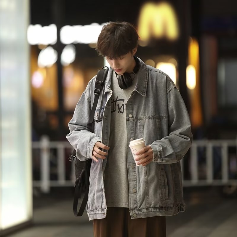 Primavera y verano nuevo estilo chaqueta de mezclilla para hombre American High Street marca de moda herramientas chaqueta de tendencia retro fino negro