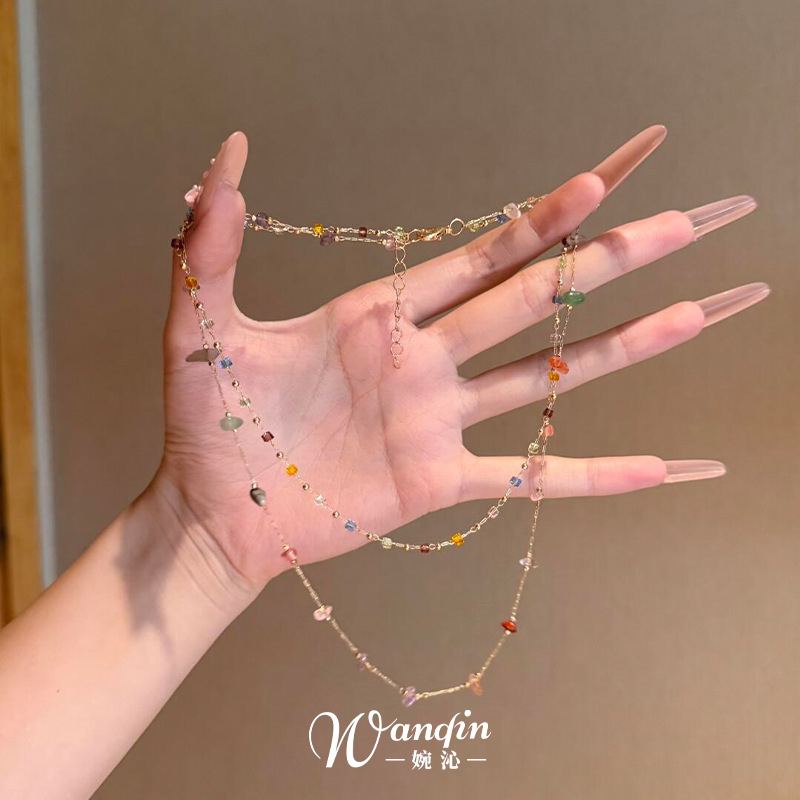 Dopamine-Colored Irregular Stone Double-Layer Necklace, Summer Niche Stackable High-Value Clavicle Chain for Women