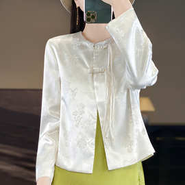 新中式圆领上衣女时尚洋气国风盘扣印花外套春夏新款复古缎面小衫