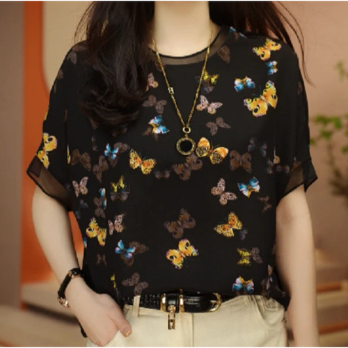 Linen floral short-sleeve women's shirt, beautiful spring and summer small top, covers the stomach, loose and stylish top