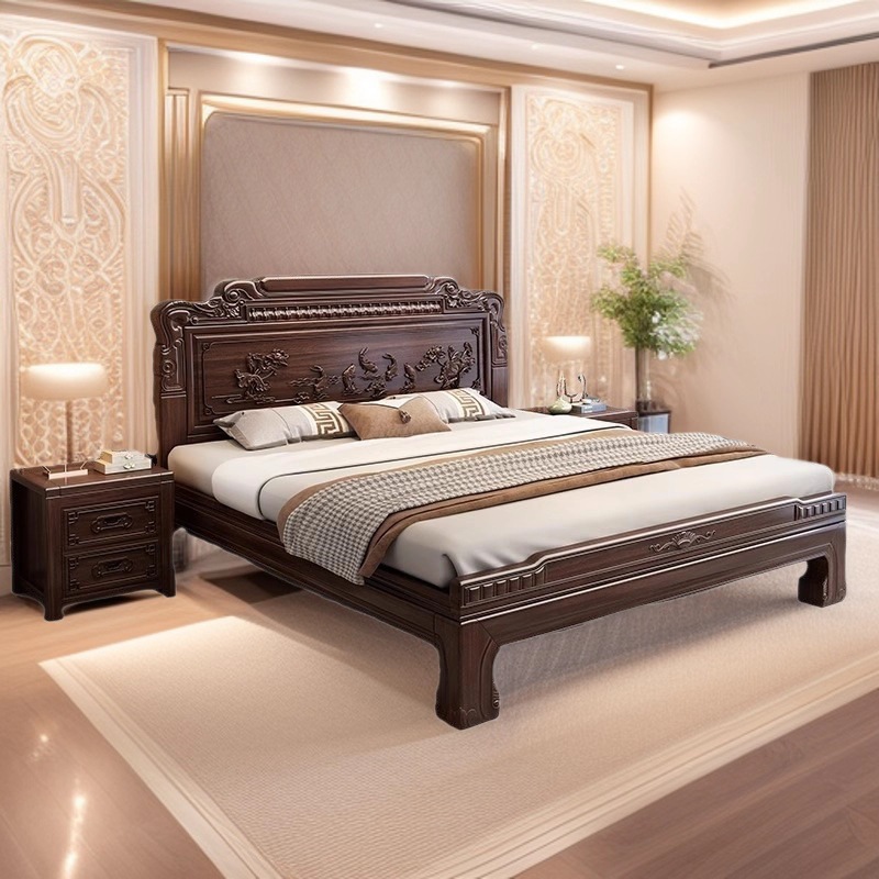Golden Rosewood Solid Wood Bed 1.8m Double Bed 2m Mortise and Tenon Imitation Classical Carved Bedroom Bedroom Log 1.5m