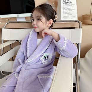 23 Autumn and Winter Girls' Home Clothes Kuromi Home Nightgown Warm and Thickened Need Mink Velvet Flannel Cartoon Bathrobe