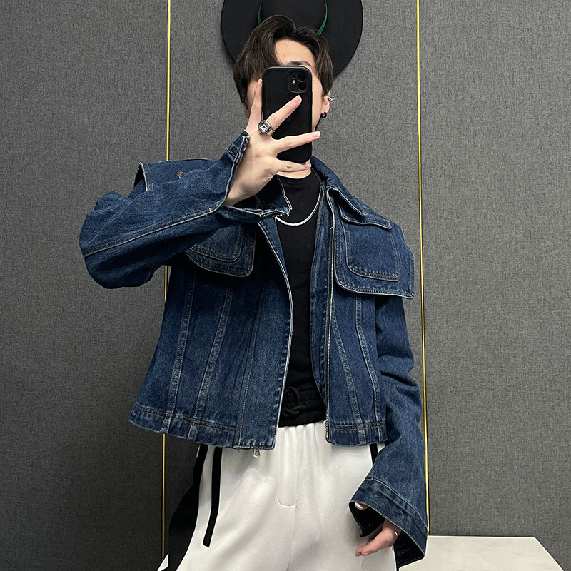 2025 Autumn/Winter Men's Denim Jacket with Vintage Shawl Pocket Design, Short Style, High-End and Unique