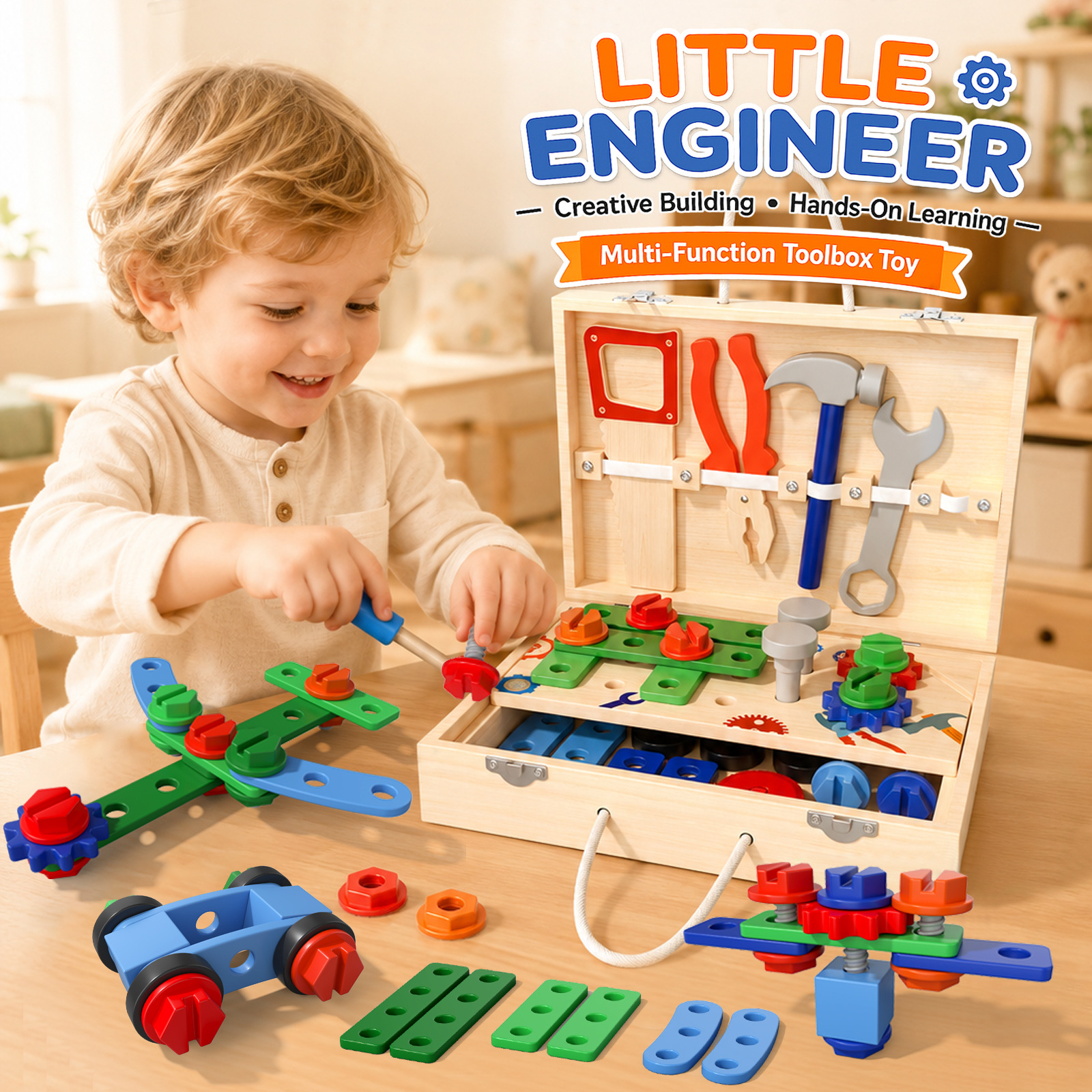 Cross-border children's portable toolbox for screwing nuts, disassembling, assembling, and repairing, educational wooden toy for early childhood education