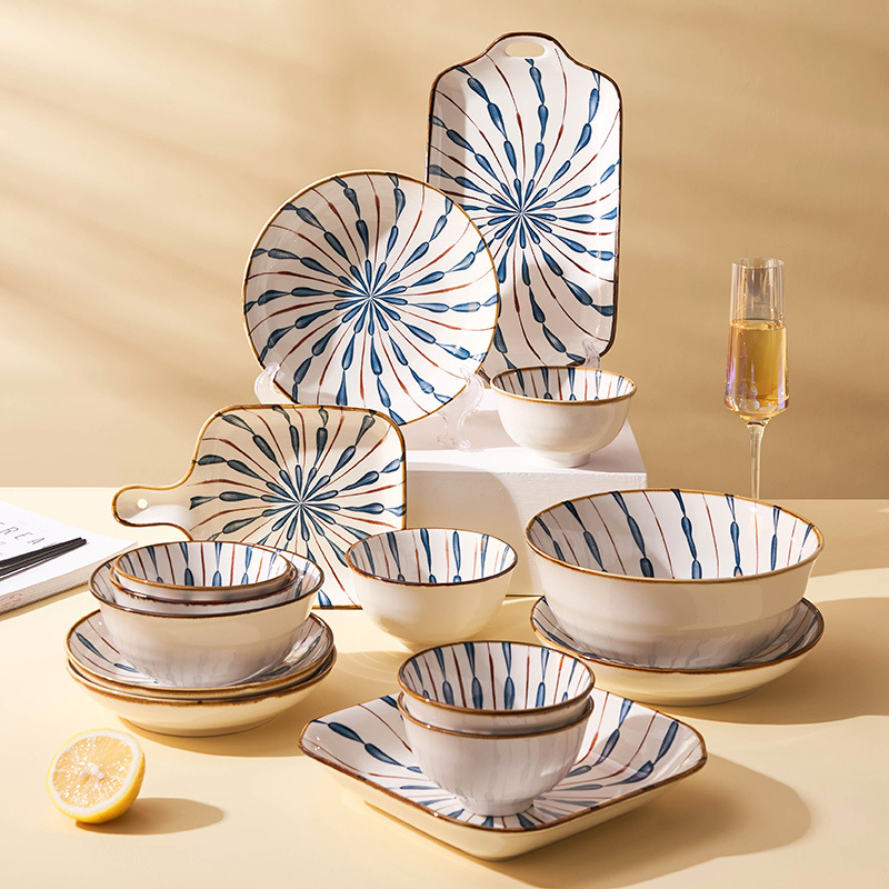 Japanese style water pattern household ceramic bowl dish suit rice bowl large soup bowl fish plate housewarming Bowl plate tableware wholesale