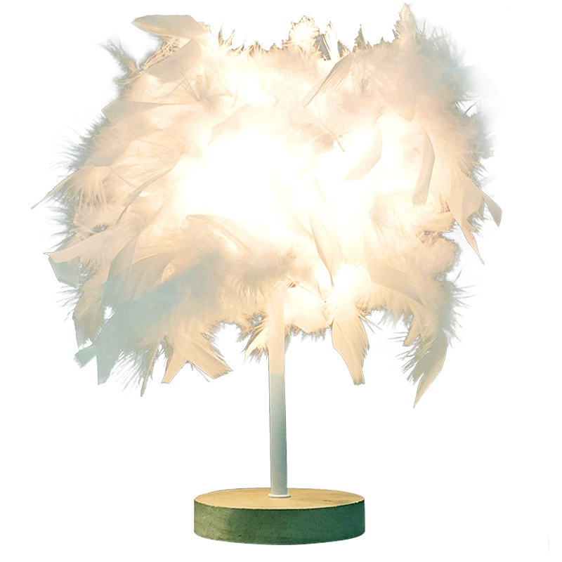 Table Lamp Feather Bedside Lantern, USB Rechargeable 1500 mAh, Touch Dimming, Wood Base