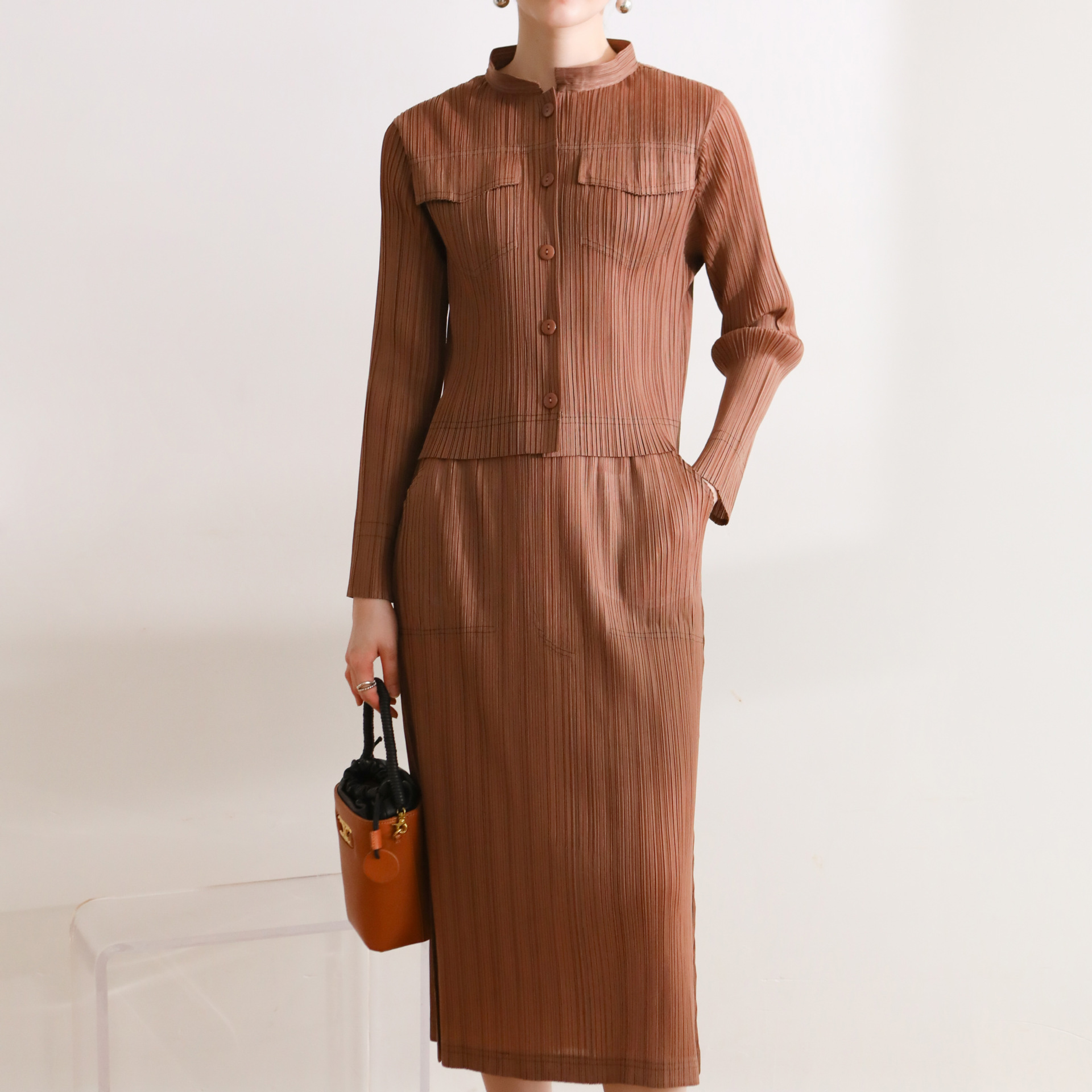 Department store quality 2024 Autumn/Spring high-end pleated Korean style casual fashion stand collar denim skirt and shirt set