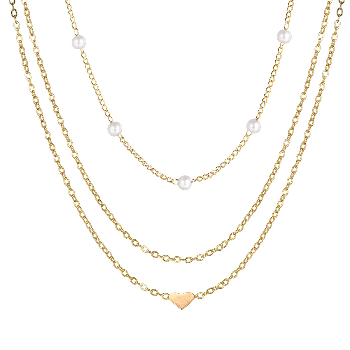 Fashion Hot Selling Retro Love Heart Pearl Gold Necklace 3-piece Multi-layer Stacked Wearable Clavicle Chain for Women_voghion.com