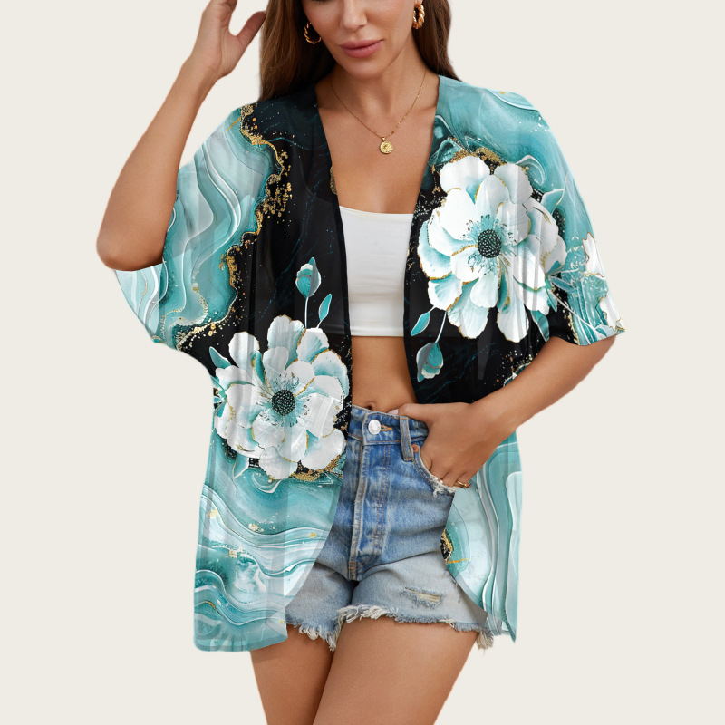 亚马逊跨境欧美印花雪纺罩衫女士上衣和服开衫沙滩度假比基尼罩衫