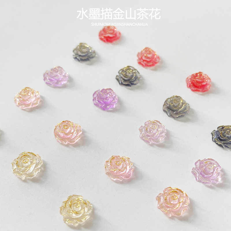 Ink painting gold Camellia nail jewelry wholesale popular online popular golden edge three-dimensional rose nail decorations Ink painting gold Camellia nail jewelry wholesale popular online popular golden edge three-dimensional rose nail decorations