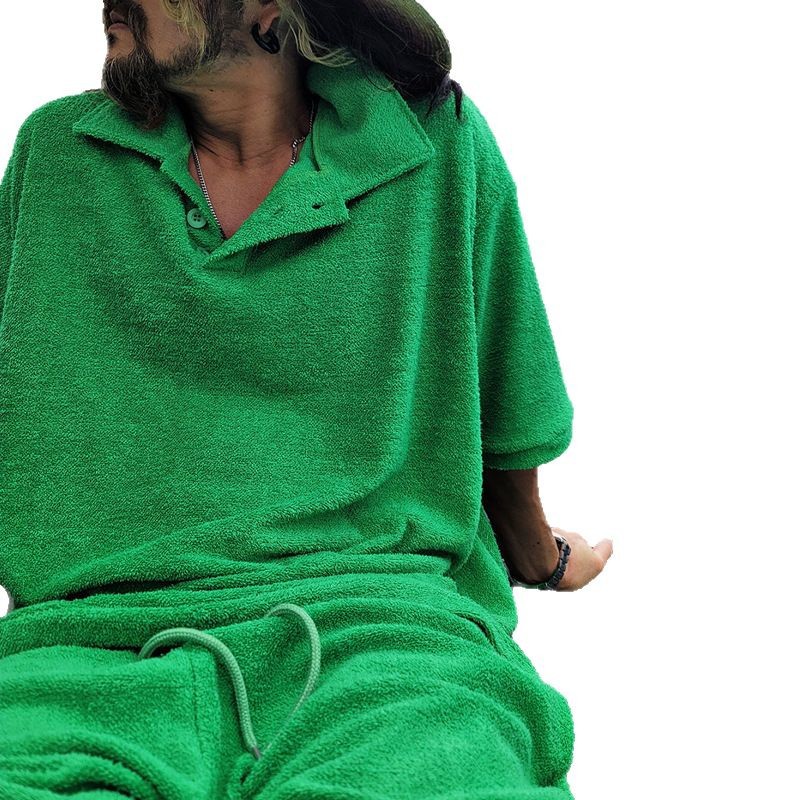 Camiseta de solapa de los hombres transfronterizos camisa de polo traje deportivo Toalla de verano para hombres pantalones cortos de manga corta sueltos conjunto de dos piezas