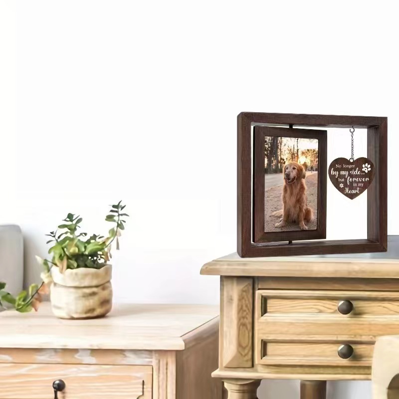 Marco de fotos giratorio conmemorativo de madera para perros, marco de fotos de doble cara de madera para bodas, marco de fotos decorativo con etiqueta de amor