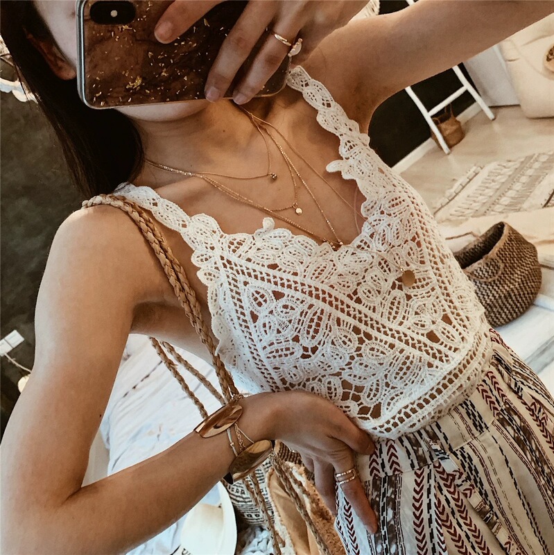 Crochet Lace Hollow Blouse Women's Bohemian Style Summer Seaside Camisole Outer Wear Beach Vacation Top