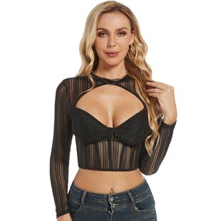 Cross-border Explosions European and American Style Hot Girl Sexy Korean Online Silver Line Low-cut Solid Color Long-sleeved T-shirt Slim-fit Top for Outer Wear