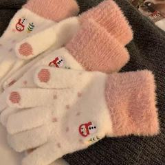 冬季保暖手套毛绒卡通可爱圣诞节雪人五指分指手套可触屏学生女生