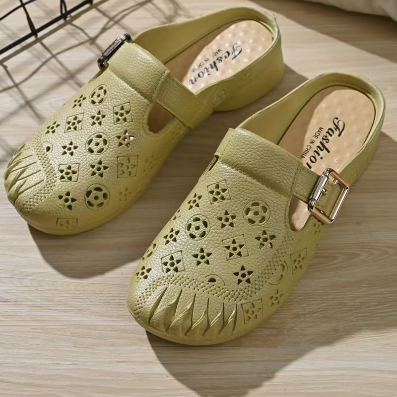 新款平跟防滑中年妈妈拖鞋包头拖鞋平底洞洞包头鞋家居外穿女士拖