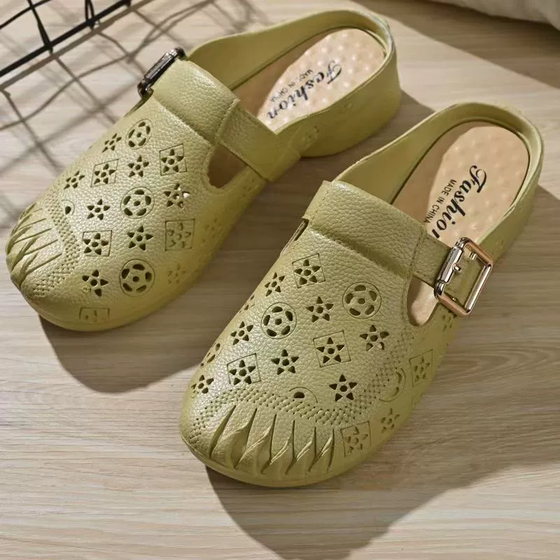 新款平跟防滑中年妈妈拖鞋包头拖鞋平底洞洞包头鞋家居外穿女士拖