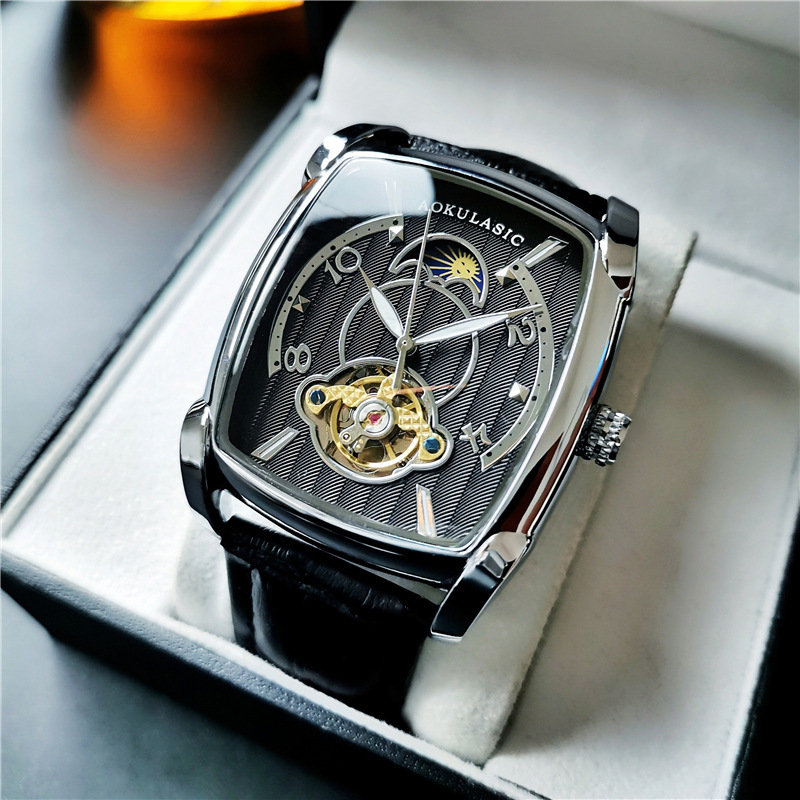 Ogulas reloj cuadrado de los hombres gran dial hueco transparente reloj mecánico automático de gama alta de cuero casual reloj de los hombres
