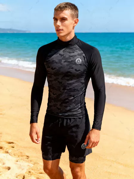 Men's Quick-Dry Wetsuit, Surfing and Snorkeling Long-Sleeve Swimsuit, Two-Piece Camouflage Double-Layer Swim Trunks Set