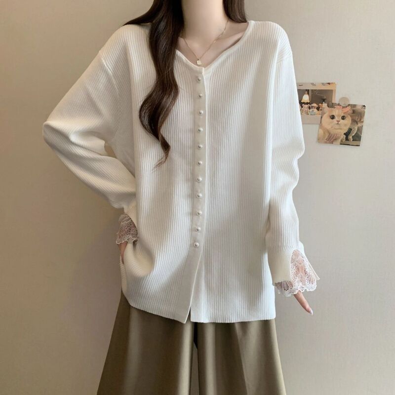 Lace Patchwork Knitted Cardigan Sweater for Women, Spring and Autumn, Plus Size, Slimming, New French-Style Collar Base Shirt
