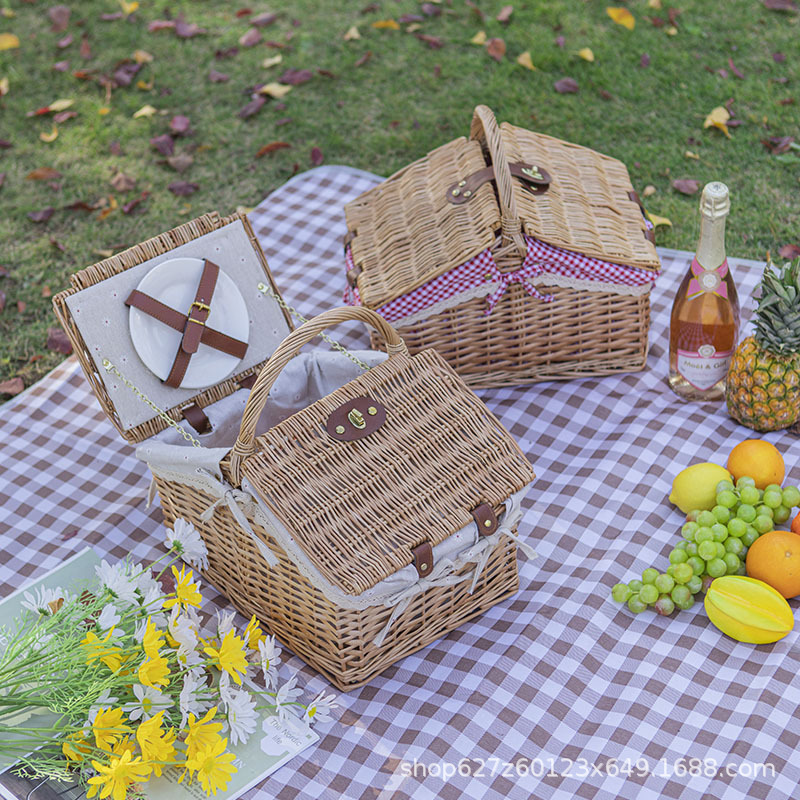 Salida de primavera, cesta de picnic portátil de ratán pastoral, cesta de comedor plegable con tapa, accesorios fotográficos, cesta de picnic al aire libre