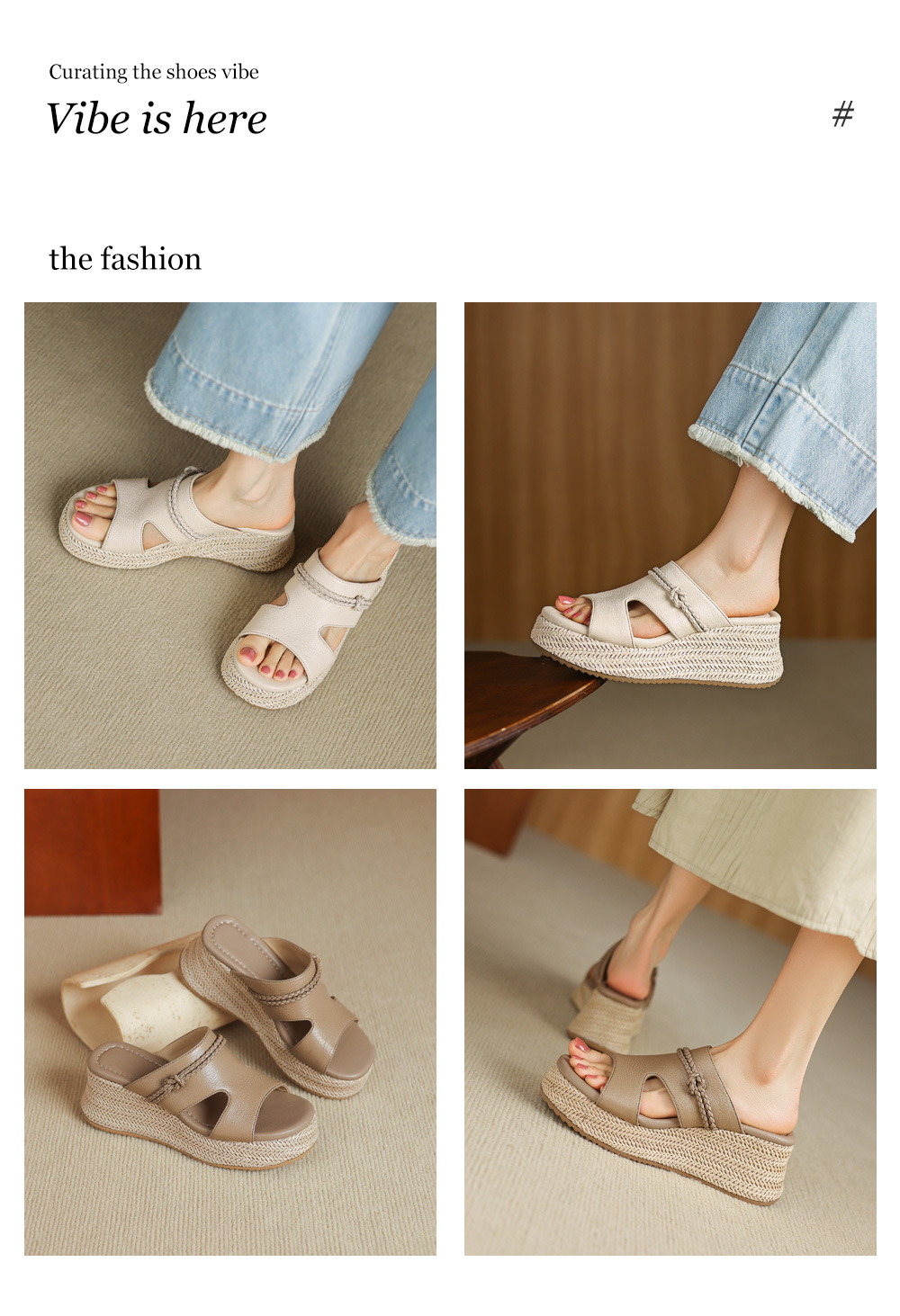 Dép sandal nữ quai chữ V đế xuồng cao 9 cm, chất liệu da cừu mềm, phong cách nghỉ dưỡng — màu trắng ngà, Tên chi tiết 1